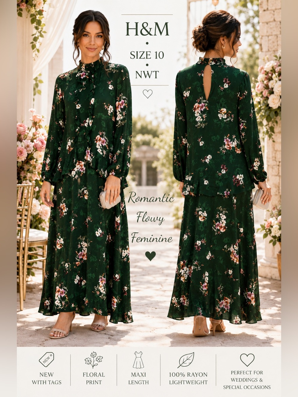 H&M Floral maxi Dress Womens size 10 boho green floral cottagecore festival new